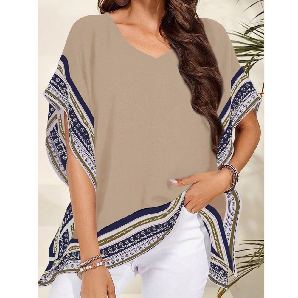 Falechay Poncho Top Womens XL Beige New Boho Geometric Border Print V-Neck